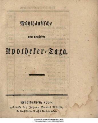 Mühlhäusische neu revidierte Apotheker-Taxa.