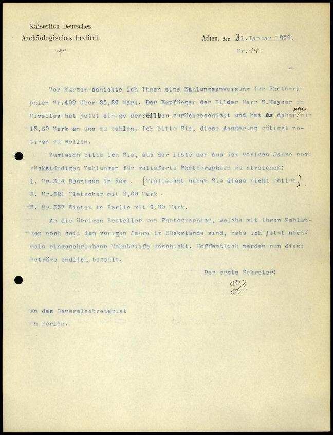 Bericht des ersten Sekretars an das General-Sekretariat | Digitalisierung: Deutsches Archäologisches Institut, Athen, Archiv