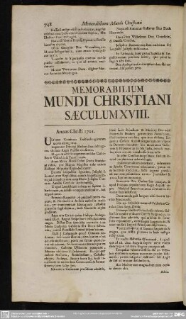 Memorabilium Mundi Christiani Saeculum XVIII.