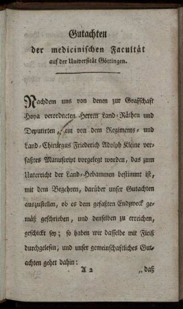 Gutachten der medicinischen Facultät auf der Universität Göttingen.