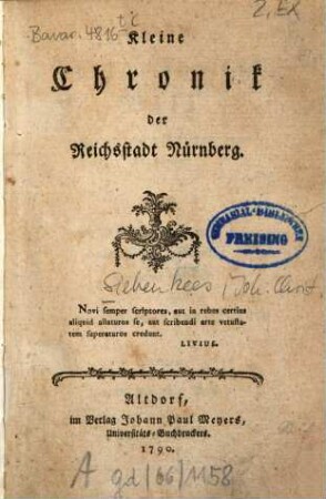 Kleine Chronik der Reichsstadt Nürnberg