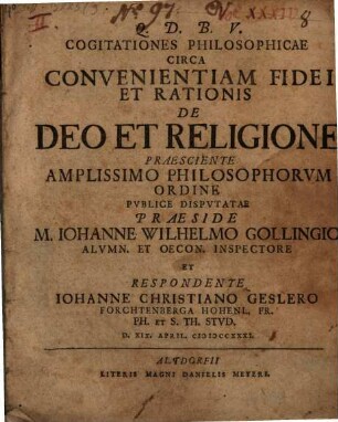 Cogitationes Philosophicae Circa Convenientiam Fidei Et Rationis De Deo Et Religione