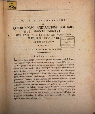 De quorundam animantium coloniis sive sponte migratis sive casu aut studio ab hominibus aliorum translatis commentatio : recitata 18. Mart. 1820
