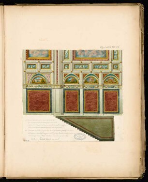 Treppenhaus des Vereinshaus des Architekten-Vereins zu Berlin Monatskonkurrenz April 1884: Aufriss der Wand des Vestibüls mit Treppenwange; Erläuterungstext