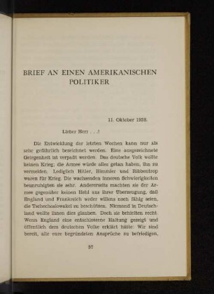 Brief an einen amerikanischen Politiker