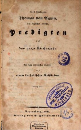Des heiligen Thomas von Aquin, des englischen Lehrers, Predigten auf das ganze Kirchenjahr