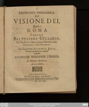 Disputatio Theologica De Visione Dei