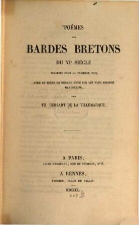 Poèmes des bardes bretons du sixième VIe siècle