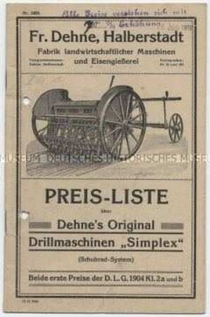 Preisliste über Drillmaschinen