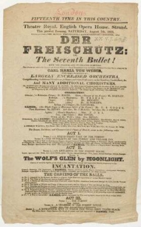Programmzettel der fünfzehnten britischen Aufführung des Freischütz von Carl Maria von Weber
