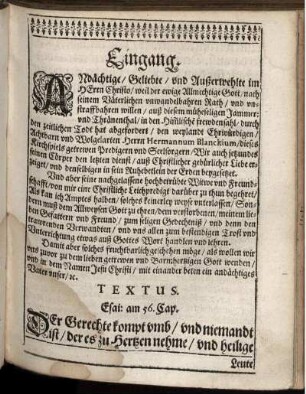 Eingang. Textus. Esai: am 56. Cap.