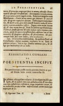 Exhortatio S. Cypriani De Poenitentia Incipit