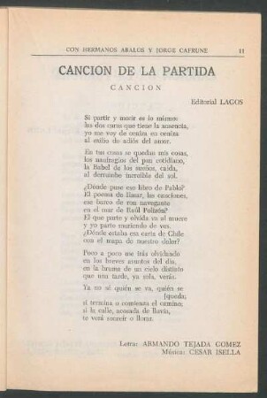 Canción de la partida : Canción. - Editorial Lagos