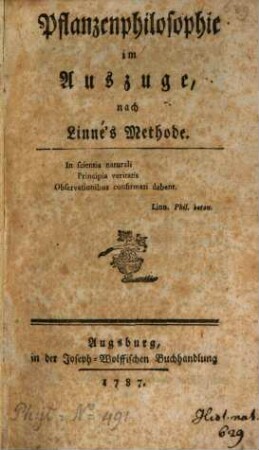 Pflanzenphilosophie im Auszuge, nach Linné's Methode