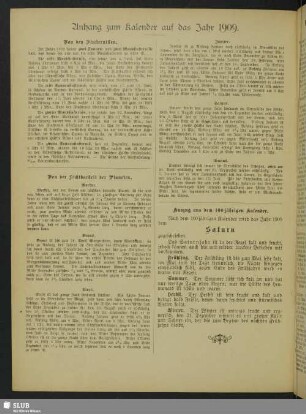 Anhang zum Kalender auf das Jahr 1909