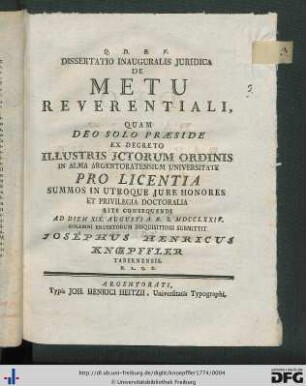 Dissertatio Inauguralis Juridica De Metu Reverentiali