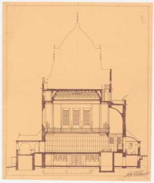 Friedhof Heerstraße, Berlin Feierhalle: Längsschnitt (Innenraum nach Südwest) 1:100, Maßstabsleiste