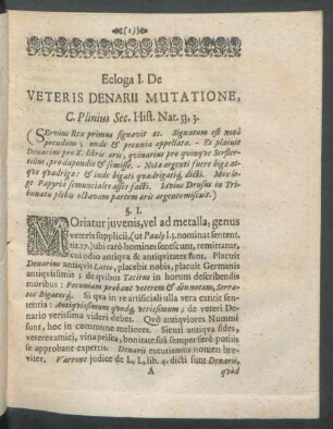 Ecloga I. De Veteris Denarii Mutatione, C. Plinius Sec. Hist. Nat. 33.3.