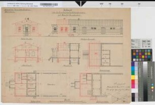 Entwurf über die Erweiterung des Güterschuppens auf Bahnhof Burgsteinfurt: Grundriß, Ansichten, Schnitte, M. 1:100 Hga