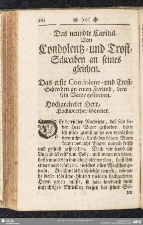 Das neundte Capitul. Von Condolentz- und Trost-Schreiben an seines gleichen