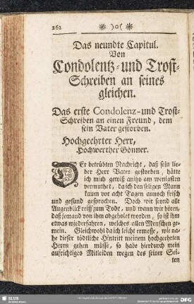 Das neundte Capitul. Von Condolentz- und Trost-Schreiben an seines gleichen