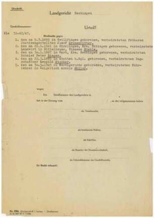 Kronenbitter, Josef, Justizangestellter, Haigerloch: Urteil KLs 32-42/47 Kronenbitter, Josef, Justizangestellter, Haigerloch u.a. (Ausfertigung)