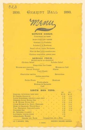 Menükarte : Charity Ball, Madison Square Garden