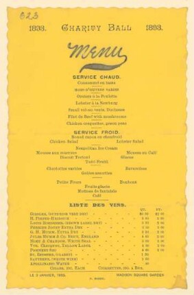 Menükarte : Charity Ball, Madison Square Garden