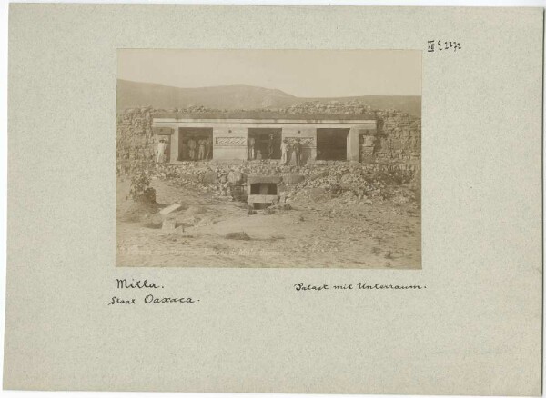 Entrance to the columned palace with a view of the underground burial chamber. (with members of the expedition)