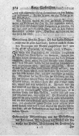 Betrachtung der Frage: Ob das flache Pflügen nicht nur in allem deutschen, sondern auch in allen fremden Provinzen mit Nutzen einzuführen sey?