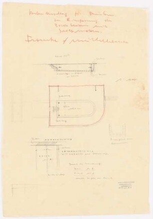 Garten Herbert Franke, Mühlhausen: Wasserbecken technischer Plan: Grundriss; Längsschnitt; Details 1:100