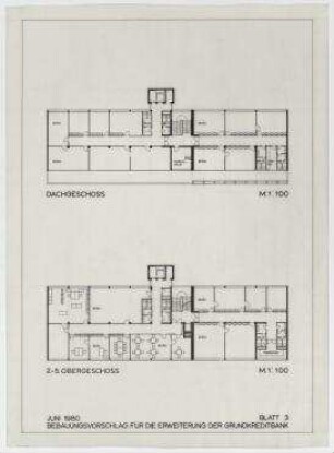 Beschränkter Wettbewerb Erweiterung der Grundkreditbank (nicht realisiert) – Grundriss 2.-5. OG, Dachgeschoss. Berlin-Schöneberg, Nürnberger Straße 68-69
