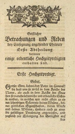 Erste Abtheilung darinnen einige ordentliche Hochzeitspredigten enthalten sind
