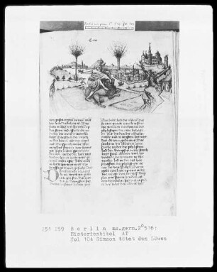 Historienbibel des Alten Testaments — Simson tötet den Löwen, Folio 104recto