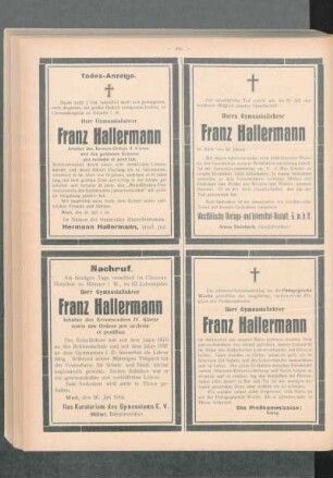 Todes-Anzeige : [Herr Gymnasiallehrer Franz Hallermann] ; [Nekrolog]