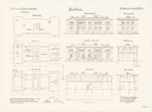 Garnisonslazarett, Worms: Waschhaus: Grundriss Fundamente, Erdgeschoss, Dachgeschoss, Aufriss Nordansicht, Südansicht, Seitenansicht, Längsschnitt, Querschnitte 1:100