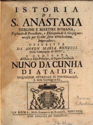 Istoria di S. Anastasia, Vergine e Martire Romana