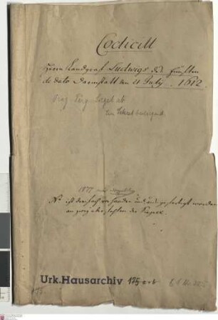 Kodizill zum Testament Landgraf Ludwigs V. von Hessen-Darmstadt