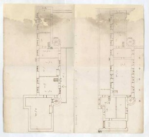 Grundriss der beiden Stockwerke des Schlosses mit zwei runden Treppentürmchen (Folio Doppelblatt)