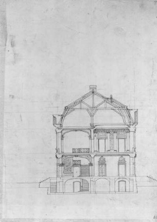 Entwurf für ein Schloss : Entwurf für ein Schloss. Schnitt. Blatt 32. Feder, Tusche; 50,9 x 37,0 cm (Blattgröße). Aus: Plans et elevations des differentes maisons et batiments, 1750. Verwalter: Sächsische Landesbibliothek - Staats- und Universitätsbibliothek Dresden (SLUB) Archit.269