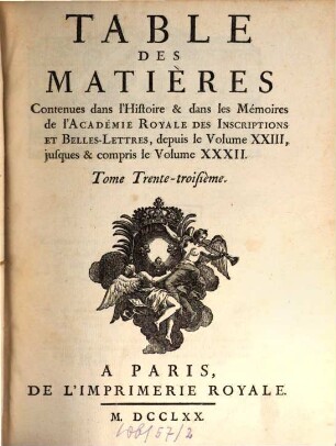 Histoire de l'Académie Royale des Inscriptions et Belles-Lettres avec les Mémoires de littérature tirés des registres de cette Académie : depuis l'année ... jusques & compris l'annee .... 33. 1770