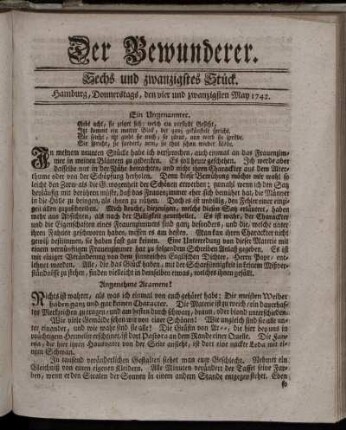 Sechs und zwanzigstes Stück. Hamburg, Donnerstags, den vier und zwantigsten May 1742.