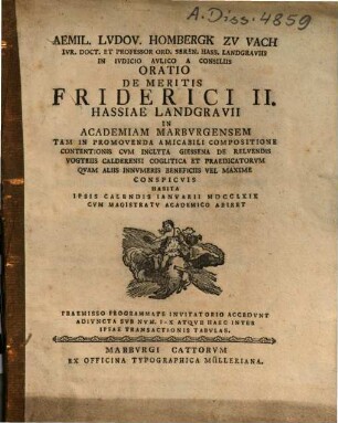 Oratio De Meritis Friderici II. Hassiae Landgravii In Academiam Marburgensem ...