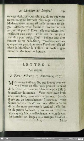 Lettre V. Au même. A Paris, Mécredi 19. Novembre, 1670