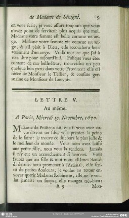 Lettre V. Au même. A Paris, Mécredi 19. Novembre, 1670