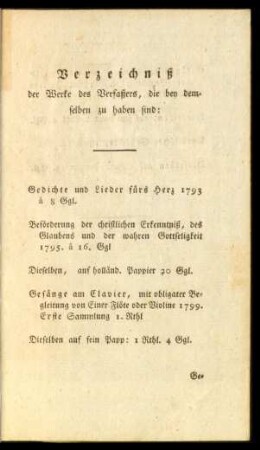 Verzeichniß der Werke des Verfaßers, die bey demselben zu haben sind: