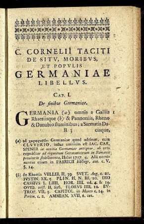 C. Cornelii Taciti De Situ, Moribus, et Populis Germaniae Libellus.