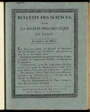 Bulletin Des Sciences, Par La Société Philomatique De Paris. Livraison de Mars.