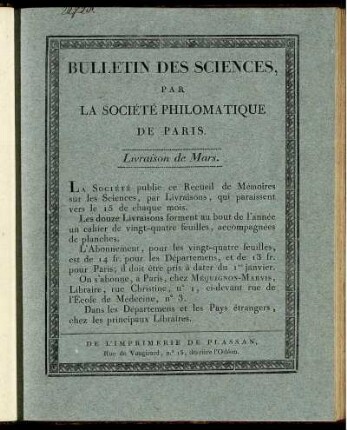 Bulletin Des Sciences, Par La Société Philomatique De Paris. Livraison de Mars.