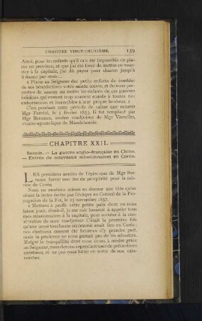 Chapitre XXII. Succes. - La guerre anglo-francaise en Chine. - Entree de nouveaux missionaires en Coree.